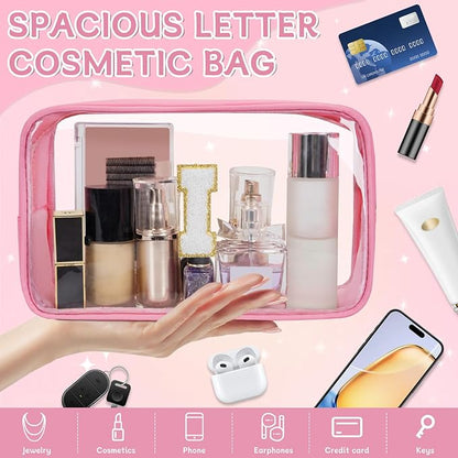 Personalized Initial Clear Makeup Bag, Travel Chenille Patch Cosmetic Bag, Preppy Toiletry Bag Monogram Cosmetic Pouch with Zipper, Ideal Gift for Teen Girls Women (Pink, I)