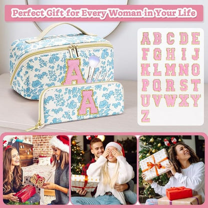 Personalized Travel Makeup Bag Set,Initial Travel Cute Floral Makeup Organizer Bag,Toiletry Skincare Cosmetic Bag,Christmas Gifts for Women/Girls,Open Flat Toiletry Pouch with Brush Pocket-G