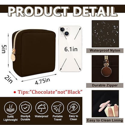 Mini Makeup Pouch for Purse, Small Cosmetic Bag Pouch Nylon Travel Toiletry Organizers Bag for Women Girls, Cute Zipper Coin Purse Preppy Storage Purse for School Work(Mini-Chocolate)