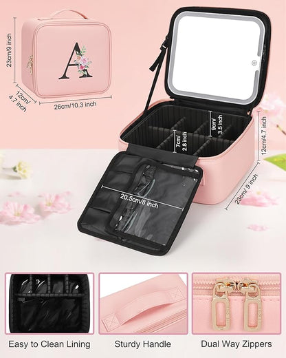 Relavel Initial Makeup Bag with LED Mirror for Women Girls, Personalized Travel Cosmetic Organizer Train Case, Birthday Gifts for Grandkids Bridesmaid Graduation Teacher Friends, Trendy Stuff, Pink C