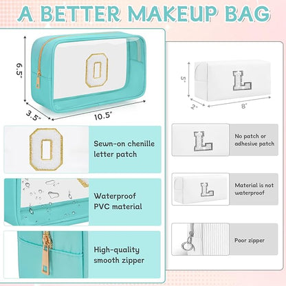 Personalized Initial Clear Makeup Bag, Travel Chenille Patch Cosmetic Bag, Preppy Toiletry Bag Monogram Cosmetic Pouch with Zipper, Ideal Gift for Teen Girls Women (Clear-Green, O)