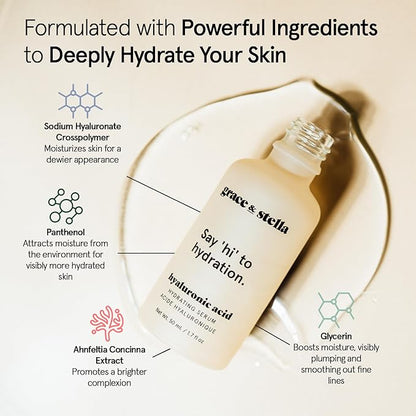 grace & stella Award Winning Hyaluronic Acid Face Serum (50ml/1.7 fl oz) Removes Fine Lines & Wrinkles, Hydrating Hyaluronic Acid Serum for Face, Acido Hialuronico for Women - Vegan Skincare (2-Pack)