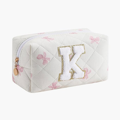 Gleyemor Personalized Initial Makeup Bag for Women, Cute Quilted Pink Floral Cotton Cosmetic Bag, Christmas Gifts for Her Mom Friend Sister Bridesmaid Teacher Women K