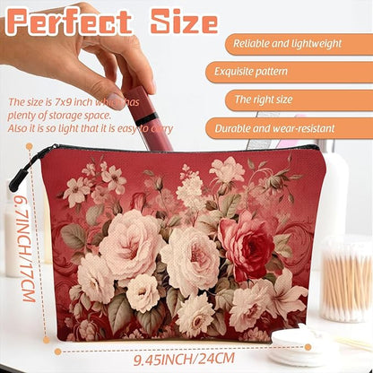 Cosmetic Bags Travel Makeup Toilet Case Waterproof Pouch for Women Girls 6.7X9.45inches - Assorted Pale - Colored Flowers on A Red Ornamental Background