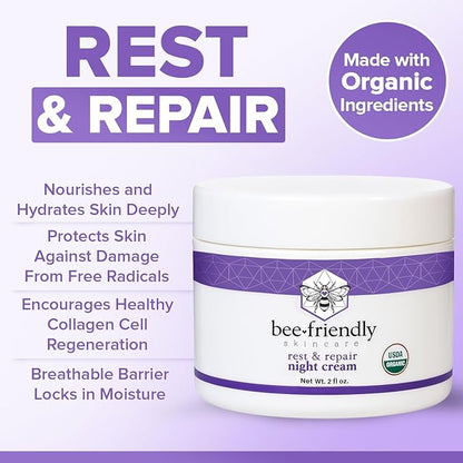 BeeFriendly Organic Night Cream, USDA Certified Organic, Deep Hydrating & Moisturizing Night Time Eye, Face, Neck & Decollete Cream for Women and Men, Anti Aging, Anti Wrinkle 2 oz