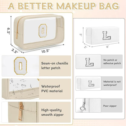 Personalized Initial Clear Makeup Bag, Travel Chenille Patch Cosmetic Bag, Preppy Toiletry Bag Monogram Cosmetic Pouch with Zipper, Ideal Gift for Teen Girls Women (Clear-Beige, Q)