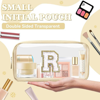 Small Clear Personalized Initial Makeup Bag,Nylon Preppy A-Z Chenille Letter Patch Cosmetic Pouch Beach Toiletry Bag,Waterproof Zipper Travel Purse Storage Bag Organizer for Women Girls(Beige-White R)