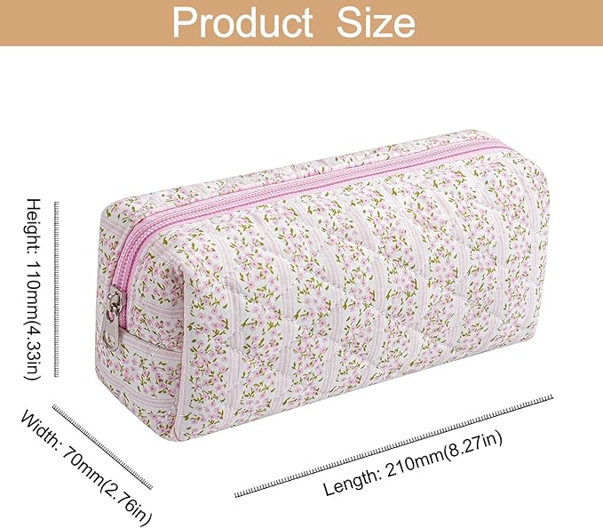 Cute Floral Cotton Makeup Brush Cosmetic Bag for Women, Travel Quilted Zipper Make Up Bag, Flowers Toiletry Organizer Case Kawaii Makeup Cosmetic Travel Cloth Pouch (Pink+Red Floral)