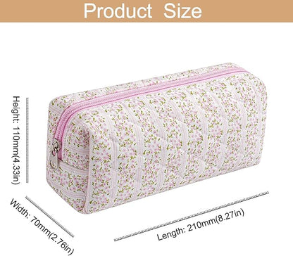 Cute Floral Cotton Makeup Brush Cosmetic Bag for Women, Travel Quilted Zipper Make Up Bag, Flowers Toiletry Organizer Case Kawaii Makeup Cosmetic Travel Cloth Pouch (Pink+Red Floral)