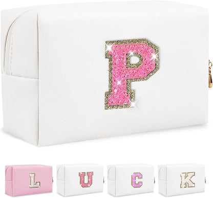 Personalized Initial Makeup Bag, Small Preppy Glitter Letter Cosmetic Pouch, PU Waterproof Zipper Travel Toiletry Bag, Unique Letter Patch Makeup Organizer Gift for Women Teen Girls