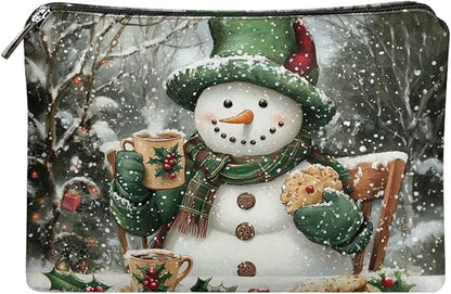 COEQINE Mini Cosmetic Bags for Women Leather Makeup Bag Large Travel Make up Brush Case Toiletry Bag for Womens Holiday Birthday Christmas Gifts,Cute Snowman Designer