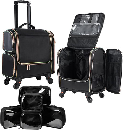 Stagiant Rolling Makeup Train Case, Professional Makeup Case, Travel Cosmetic Organizer Make Up Storage Bag for Makeup Artist, Hairstylist, Barbers, with 5 Toiletry Bags, Black