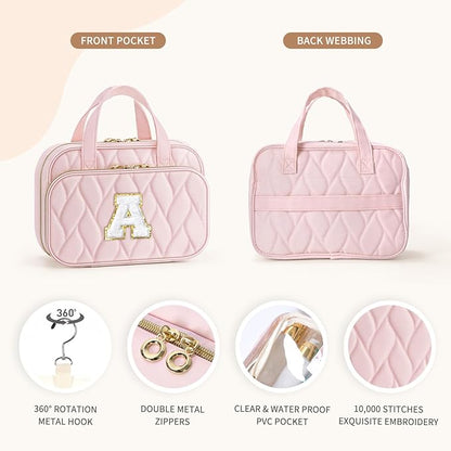 YOOLIFE Travel Toiletry Bag for Women - Hanging Toiletry Bag Initial Makeup Bag, Portable Toiletries Cosmetic Bag, Airplane Travel Essentials Black - E