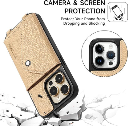 LUCKYCOIN Crossbody Wallet Phone Case for iPhone 14 Pro,100% Genuine Leather Wallet Phone Case with Expandable Flip Card Holder,Phone Purse for Women with Adjustable Removable Strap - Pebble Beige