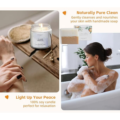 Natural Amor Handmade Spa Gifts for Women, Relaxing 5pcs Spa Gift Set for Women Including Citrus Handmade Soap Bar, Soy Candle, Bath Salt, Bath Bomb