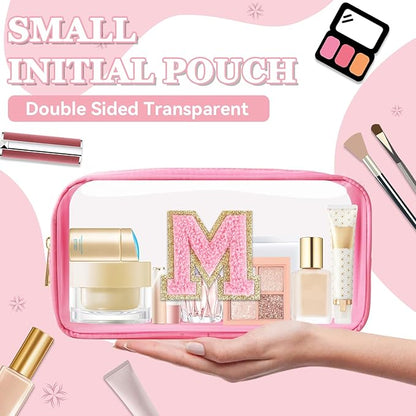 Small Clear Personalized Initial Makeup Bag,Nylon Preppy A-Z Chenille Letter Patch Cosmetic Pouch Beach Toiletry Bag,Waterproof Zipper Travel Purse Storage Bag Organizer for Women Girls(Pink-Pink M)