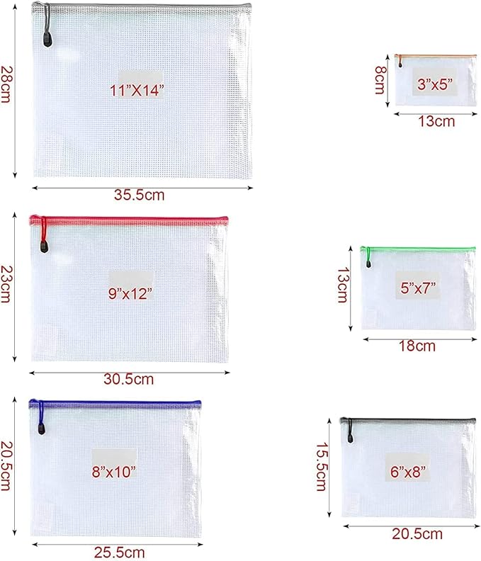 Oaimyy-16Pcs, Mesh Zipper Pouch Document Folders Bag & Plastic Zip File Folders for School Office Supplies, Travel,Puzzles Games Organizing Storage (Inches, MultiSize)