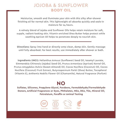 Desert Essence, Jojoba & Sunflower Body Oil Spray, 8.28 fl. oz. - Gluten-Free, Vegan, Cruelty Free - 24hour Moisture, Soothes Skin, Perfect for Sensitive Skin, Illuminating Body Spray