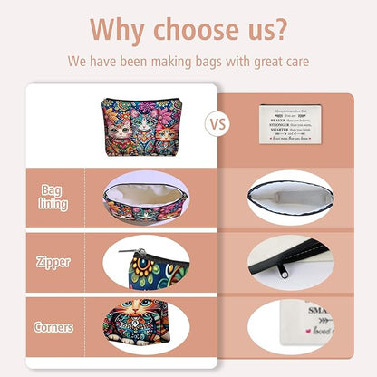 Bohemian Cat Makeup Bag Gift: Cute Boho Cats Themed Cosmetic & Toiletry Organizer Pouch For Daughters, Sisters, Friends,Teen Girls & Women.Ideal Gift For Travel, Birthdays, & Christmas.