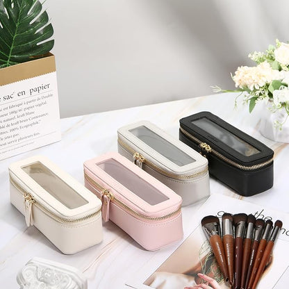 Aveniee Clear Makeup Brush Bag, Slim Cosmetic Brush Holder, Small Travel Toiletry Bag for Women, Thin Make up Bags with Dual Zipper, Mini Travel Essentials Organizer - Taupe