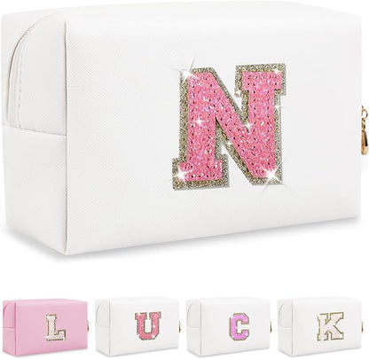 Personalized Initial Letter Makeup Bag, Small Glitter Letter Patch Cosmetic Pouch Zipper, Preppy Makeup Organizer PU Waterproof Travel Toiletry Bag, Monogrammed Birthday Gift for Women Girls