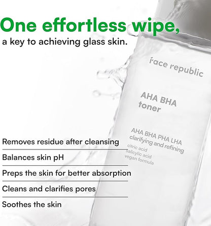 Face Republic AHA/BHA Toner 160ml 5.41 fl oz | Clarifying, Refining, Hydrating | Pore Care, Gentle Exfoliation | AHA BHA PHA LHA | for Oily, Sensitive Skin | Alcohol-Free | Vegan Korean Skincare