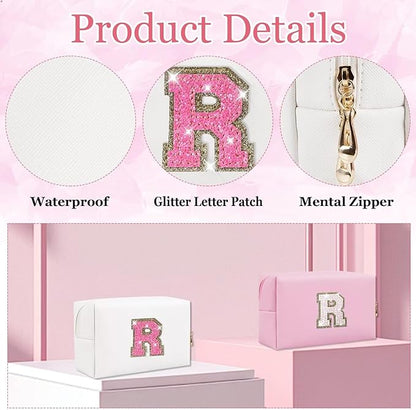 Small Personalized Glitter Initial Letter Makeup Bag, Cute PU Leather Chenille Letters Cosmetic Bag Travel Makeup Pouch, Preppy Travel Organizer Zipper Pouch for Women&Girls（WhiteRosePink-R）