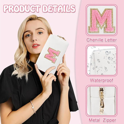 Small Travel Initial Preppy Makeup Bag, Personalized White Cute Cosmetic Organizer Chenille Letter Travel Toiltery Zipper Pouch, Waterproof PU Leather Make Up Case Gifts for Mom Women Female(Letter M)
