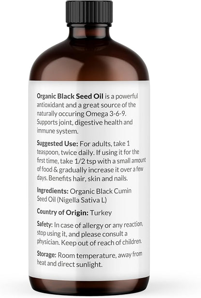 NaturoBliss Organic Black Seed Oil 100 Virgin Cold Pressed in Glass Bottle Omega 3 6 9 Super Antioxidant Immune Support Joints Mobility Digestion Hair Skin Vegan Gluten-Free NonGMO USDA Certified 16oz