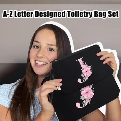 Vavabox A-Z Personalized Makeup Bag, Birthday Gifts for Women Mom, Gifts for Best Friend, Bride Bridesmaid Cosmetic bag (J, 04-Black Set)