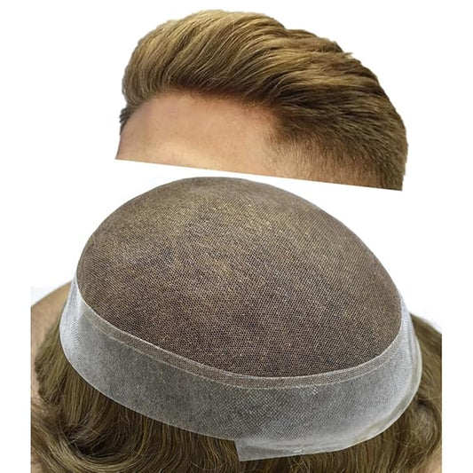 Mens Toupee Human Hair Piece French Lace Toupee for Man Hair System Indian Human Hair Replacement Systems V-Looped PU Front Hairpieces 7"X9" 17#DARK ASH BLONDE