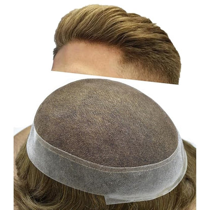 FACE MIRACLE Hair System for Men French Lace Mens Toupee Human Hair Replacement System Lace with PU Toupee for Men Male Hair Piece Wigs 7"X9" 7# VERY LIGHT BROWN