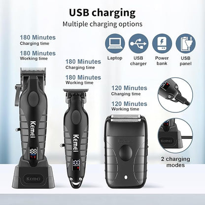 KEMEI Professional Hair Clippers for Men, Cordless Barber Clippers Set and Trimmers Kit, Rechargeable Electric Foil Shaver & Beard Trimmer, Men's Facial Grooming, Hair Cutting Tools, Gifts for Men