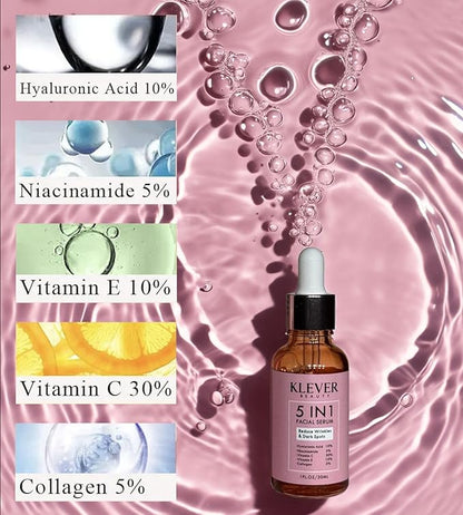 Anti-Aging Face Serum with Hyaluronic Acid, Vitamin C, Collagen, Niacinamide & Vitamin E – Hydrating Facial Treatment for all skin types – KLEVER Beauty, 30 ml
