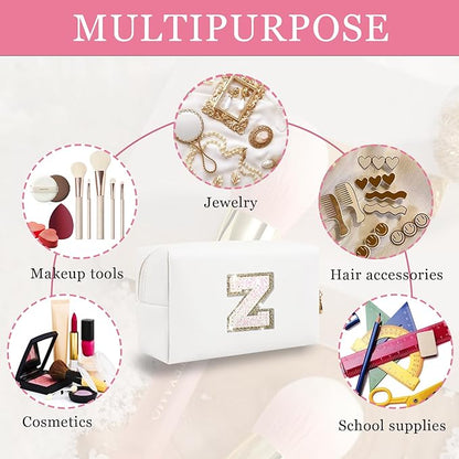 Initial Letter Patch Makeup Bag, Preppy Glitter Pouch Cosmetic Bag, Small PU Travel Toiletry Bag Zipper, Personalized Monogrammed Gift for Friends, Sisters & Teens (Letter Z)