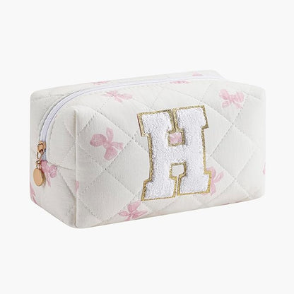 Gleyemor Personalized Initial Makeup Bag for Women, Cute Quilted Pink Floral Cotton Cosmetic Bag, Christmas Gifts for Her Mom Friend Sister Bridesmaid Teacher Women H