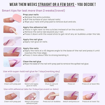 BTArtbox Press on Nails Long - Rose Gold Outline Designed French Tip Press on Nails, Coffin Glue On Nails, Reusable Soft Gel Stick On Nails with Nail Glue in 15 Sizes, Gilded French