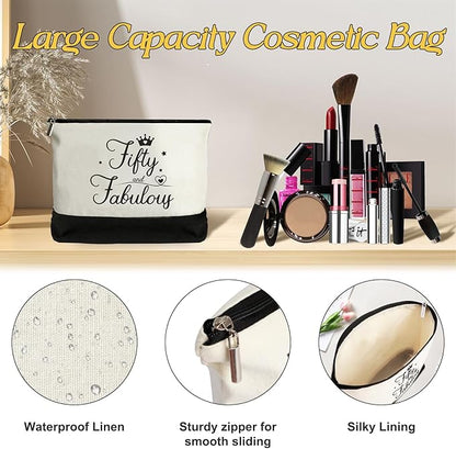 50th Birthday Gifts for Women 50 and Fabulous Canvas Tote Bag Travel Gear, Unique 50 Years Old Gifts for Wife Sister Mom Aunt Friends Her, Handbag & Cosmetic Bag & 50 Birthday Poster