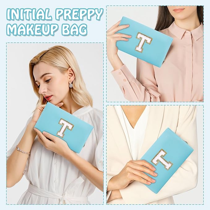 Personalized Small Travel Preppy Makeup Bag, Chenille Letter Blue Cute Makeup Case Initial Cosmetic Pouch Toiletry Organizer, PU Leather Waterproof Makeup Storage Teacher Appreciation Gifts(Letter T)