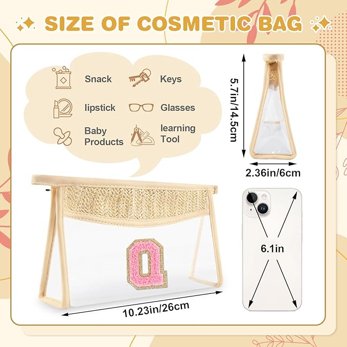 Small Boho Straw Initial Letter Makeup Bag Personalized Gift ,Cute Clear Chenille Patch Makeup Bag With Zipper,Trendy TSA Approved Travel Toiletry Bag,Gift for Women Girls Birthday Friend, Letter Q