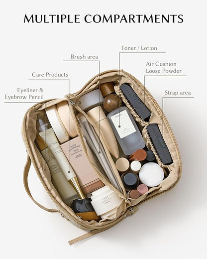 EACHY Travel Makeup Bag, Large Toiletry Bag for Women, Flat-Opening Organizer Pouch with Compartments