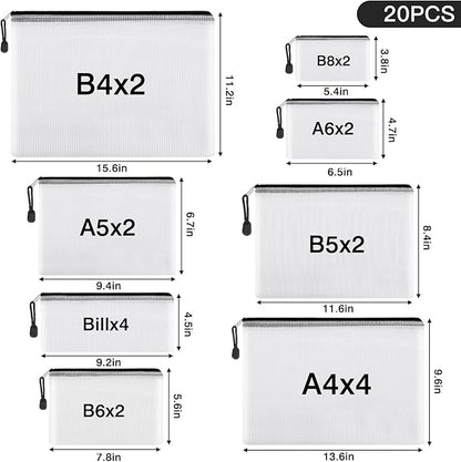 EOOUT 20pcs Mesh Zipper Pouch 8 Sizes Waterproof Zipper Bags, Plastic Travel Pouch for Board Game Travel Storage School Supplies Office Appliances Home Organize