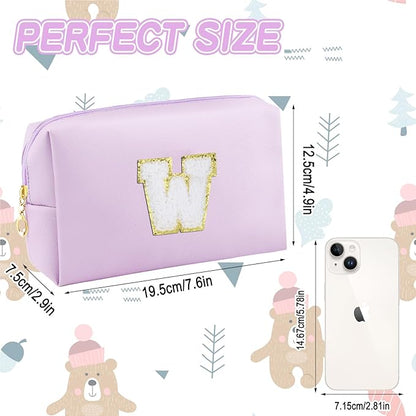 Gifts for Girls Initial Makeup Bag Personalized Cosmetic Bag with Zipper Cute Travel Toiletry Bag Waterproof PU Preppy Makeup Pouch Birthday Gift for Teen Girls Women(Purple W)