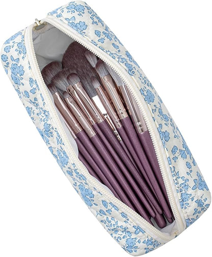 Cute Floral Cotton Makeup Brush Cosmetic Bag for Women, Travel Quilted Zipper Make Up Bag, Flowers Toiletry Organizer Case Kawaii Makeup Cosmetic Travel Cloth Pouch (Blue+Pink Bowknot)