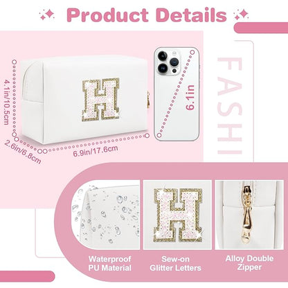 Small Initial Patch Makeup Bag Personalized Gifts Make Up Bag,White Cute PU Leather Glitter Letter Cosmetic Bag with Zipper,Trendy Portable Travel Toiletry Pouch,Preppy Stuff for Teen Girls Women H