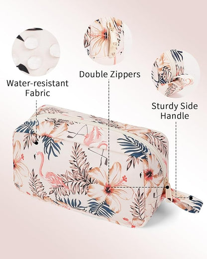 Narwey Cute Makeup Bag Small Toiletry Bag Travel Cosmetic Bag Organizer Make Up Bags with Organized Pockets for Women (Beige Flamingo, Large)