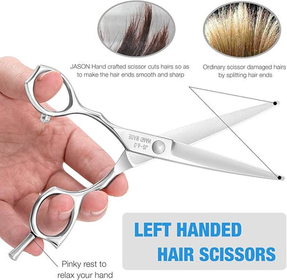 JASON 6 Inch Left Handed Barber Hair Cutting Scissors Professional Salon Shears Razor Edge Hairdressing Scissor Japanese Stainless Steel Reversible Haircut Shear for Men Women Christmas Gift