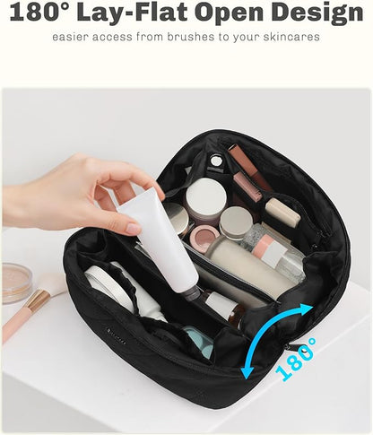 Hynes Eagle Travel Makeup Bag for Women Puffy Cosmetic Organizer Pouch Open Flat Toiletry Bag for Toiletries, Brushes Black
