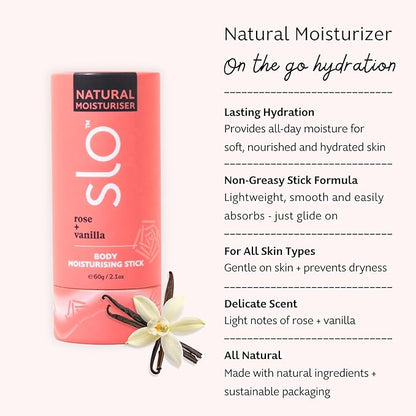 Slo Natural Moisturizing Stick | Body Balm for Dry Skin with Organic Ingredients | Hydrating + Nourishing | Coconut, Cocoa Butter & Antioxidants | Travel-Friendly | Rose + Vanilla | 2.11oz/60g
