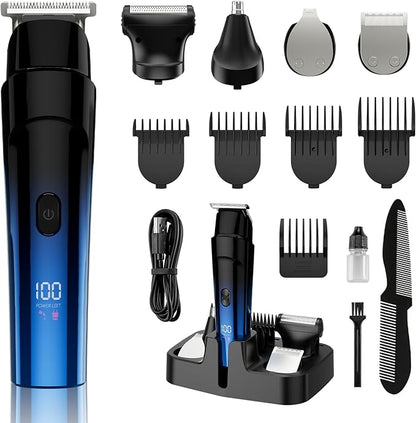 Beard Trimmer for Men, 5-in-1 Cordless Hair Clipper Kit with Foil Razor, Waterproof Body, Nose & Ear Groomer, Precision Trimming for Beard, Hair & Body Care (Blue)